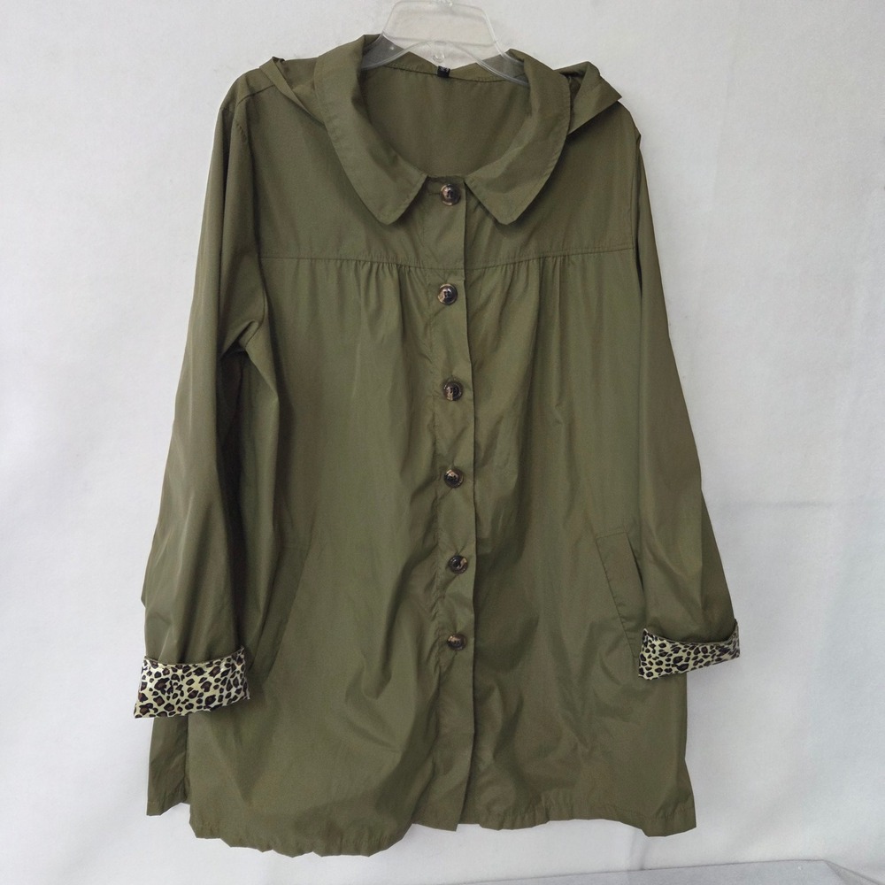 Meaveor Olive Green Hooded Raincoat Leopard Print‎ Cuffs Button Front Women's XL
